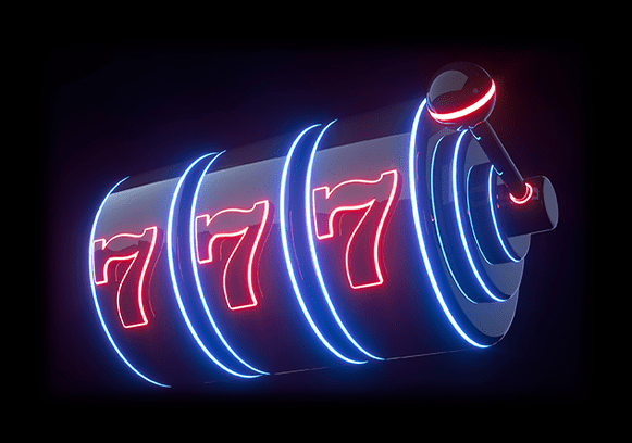 A roulette wheel and handle displaying a line of sevens.